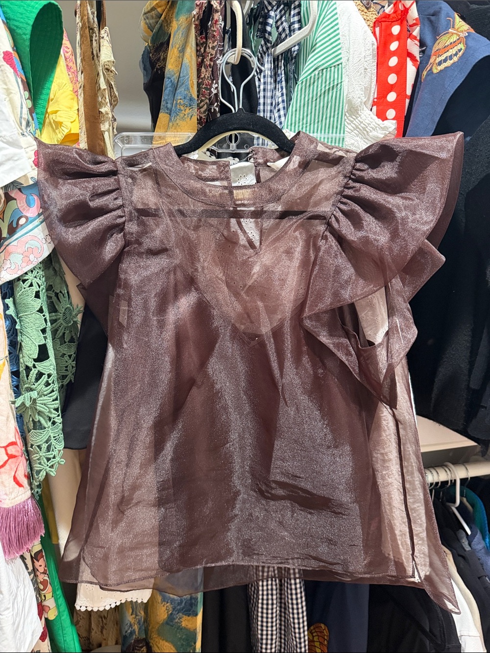 Jonathan Simkhai Brown Sheer Ruffle Sleeve Blouse
